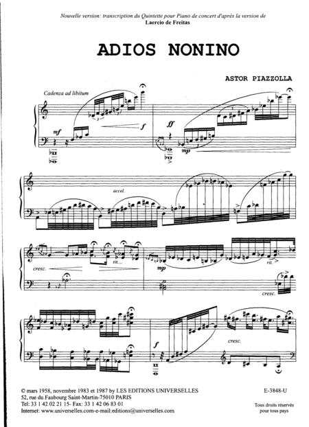 Piazzolla, Astor: ADIOS NONINO /Fragment+full/: POUR PIANO EDITON COMPLETES (Les Editions Universelles)-100024