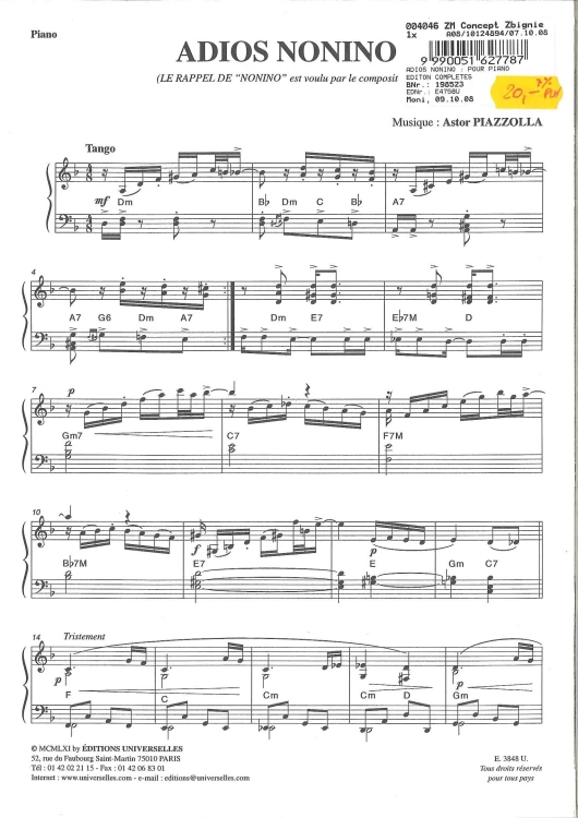 Piazzolla, Astor: ADIOS NONINO /Fragment+full/: POUR PIANO EDITON COMPLETES (Les Editions Universelles)-100025