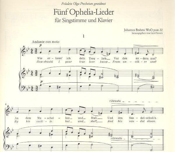 Brahms Johannes: 5 Ophelia-Lieder WoO post.22 na głos i fortepian (dt/en)-102459