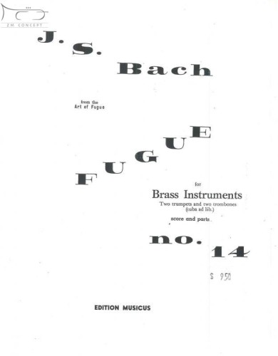 Bach Jan Sebastian  -  Fugue No.14  (Art of Fugue) for Brass Instrument - partytura i głosy, opracowanie i redakcja Paul Smim-100102