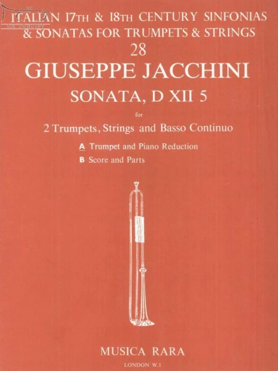 Jacchini Giuseppe: Sonata, D XII 5 (for 2 Trumpets, Strings and BC) - Trumpet and Piano Reduction (trąbka i wyciąg fortepianowy)-100122